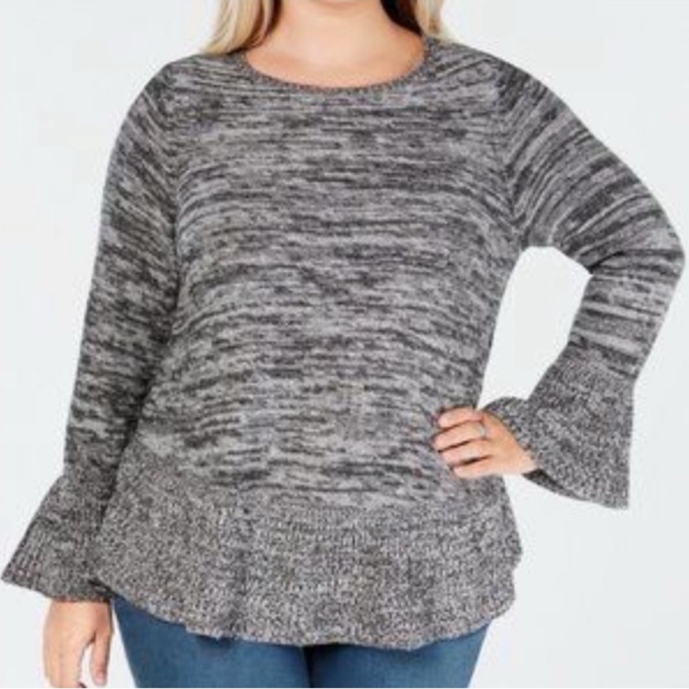 Style & Co Marled Gray Knit Peplum Sweater Top 1X Bell Sleeves